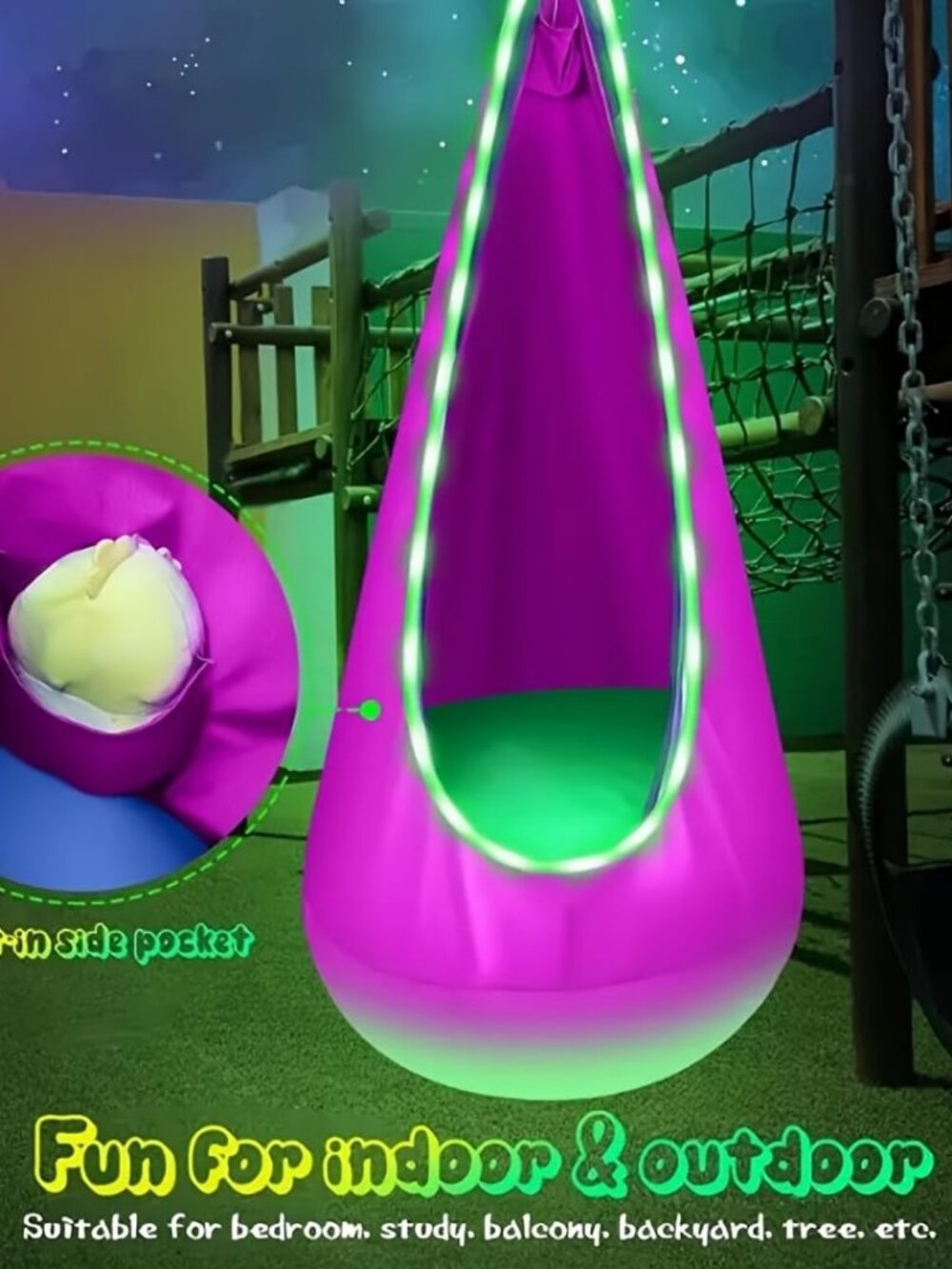 Kids Hanging Pod Swing Chair with 16 Color LED Lights Sensory Nook Blue - Picture 2 of 7